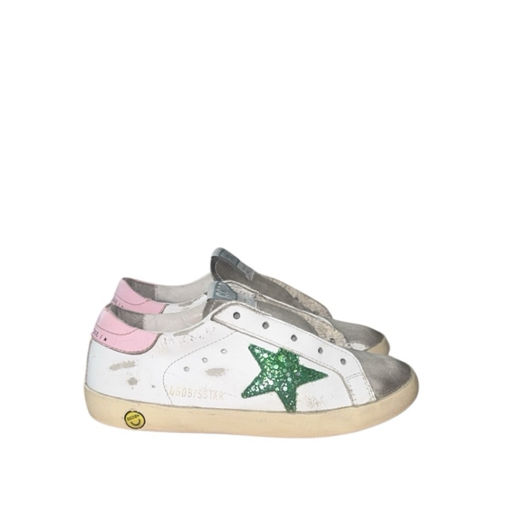 Authentic Golden Goose Superstar Girls White Green‎ Glitter Sneakers Size 13.5